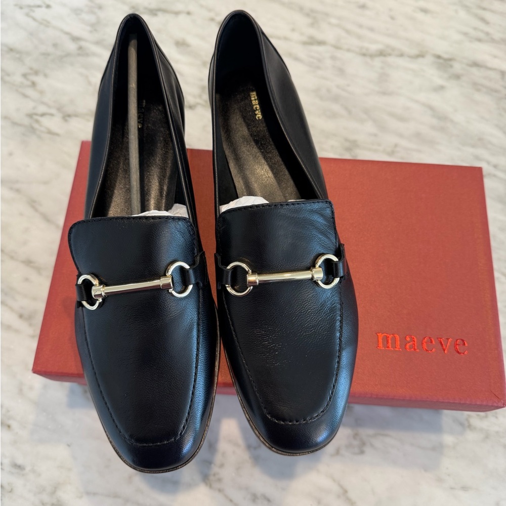 Maeve Black Leather Flats with Gold Accent